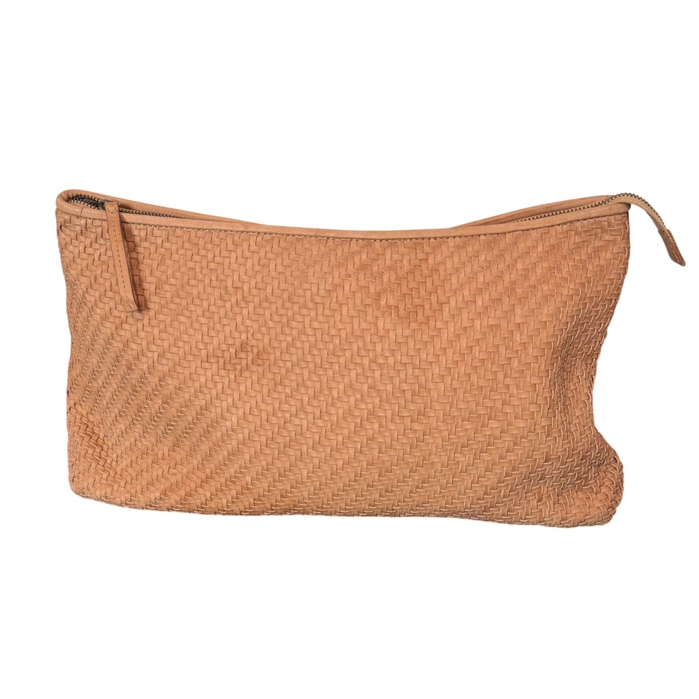 Lucky Brand Woven Leather Clutch Women Large Tan Bohemian Zipper Pouch